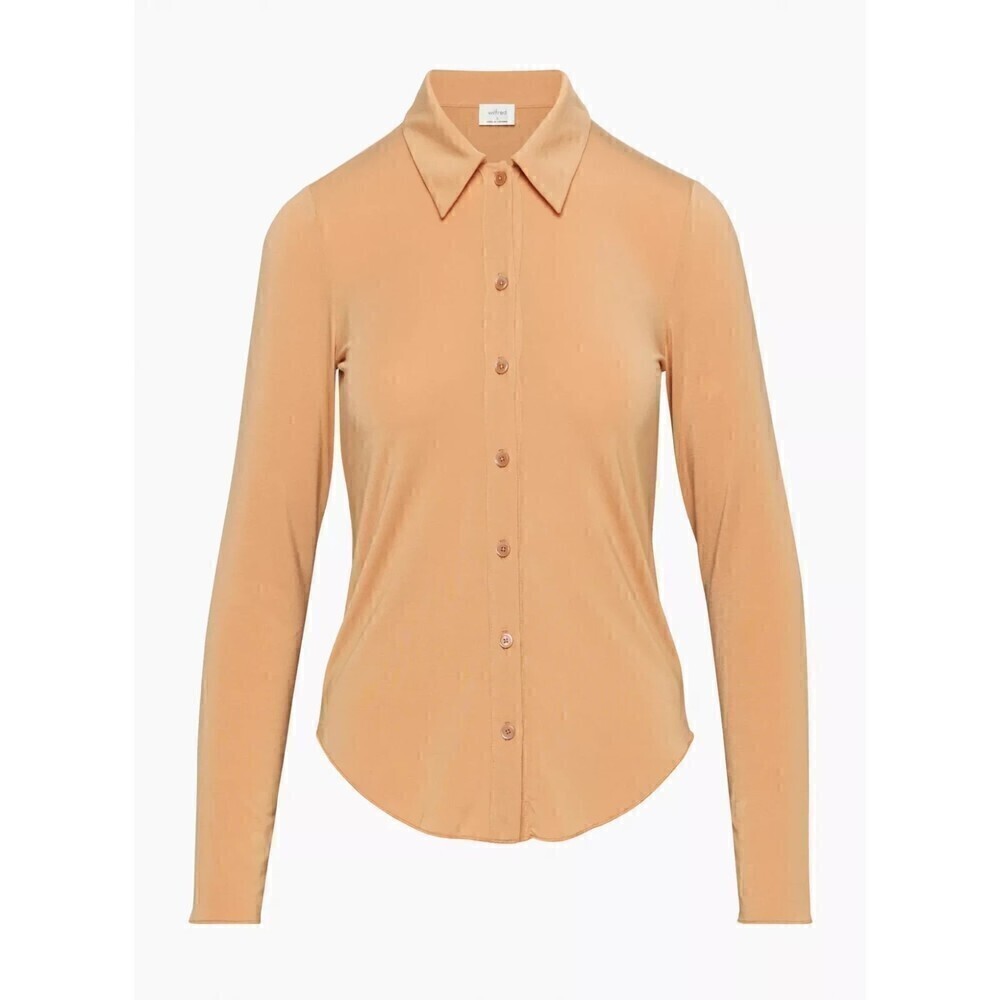 Wilfred Aritzia "Pose" Mustard Yellow Relux Jersey Button Down Blouse sz Medium